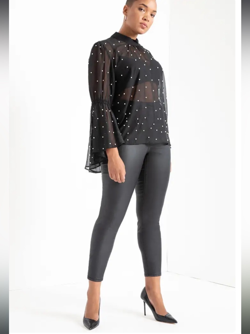 ELOQUII Black Mock Neck Pearl Embellished Sheer Blouse Sz 22 NWT